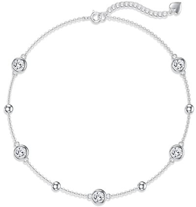 AOBOCO Fußkettchen Sterling Silber 925 Damen Perlen Fusskettchen mit Stein 28 cm (Kristall)