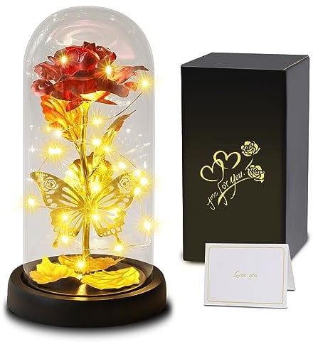 Geschenke für Frauen, Infinity Rosen im Glas mit Licht, Die Schöne und das Biest Rose Sparkly Galaxy Rose mit 3D Schmetterling, Schöne Geschenke Blume für Mama, Oma, Frauen, Freundin, Geburtstag