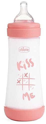 Chicco Perfect 5 Biberones Anticólicos con Tetina de Silicona de Flujo Rápido para Bebés 4 Meses, Biofuncional con Sistema Intuiflow, Color Rosa, 300 ml
