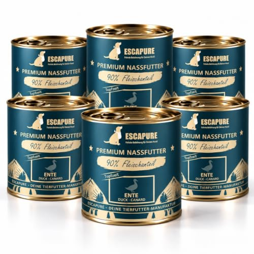 Escapure Nassfutter Ente, 91,9% Fleisch, getreidefrei, 6x800g, Hund | Mit Süßkartoffel, Birne & Sellerie – Manufaktur Deutschland
