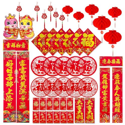50 Pack Chinese New Year Decorations, 2025 Snake Year Luna New Year Chinese Couplets Red Lantern Envelopes Fu Paper Window Stickers Ornaments Door Stickers for Chinese Spring Festival Party Decors