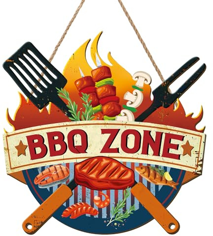 ANHUIB BBQ Area Round Wooden Signs BBQ ZONE Signs Garden Plaque BBQ Area Bar Home Sign Kitchen Wall Art Garden Signs and Plaques for Outside Garden Party Gift Barbecue Signs and Plaques Outdoors Area