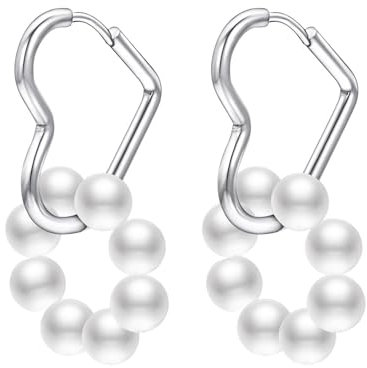 JOLCHIF Creolen mit Anhänger Hängende Ohrringe Perlen 14k Weissgold Plattiert Herz Creolen Mit Anhänger Ohrringe Schmuck Für Damen