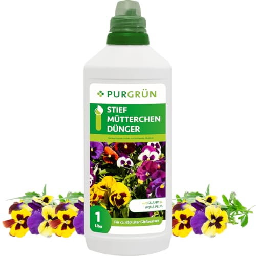 Purgrün® Stiefmütterchen-Dünger | Organisch-mineralische Rezeptur | Premium-Flüssigdünger mit Spurennährstoffen | NPK 8+8+6 | Mit Guano & Aqua Plus | Für farbenfrohe Blüten | 1 Liter