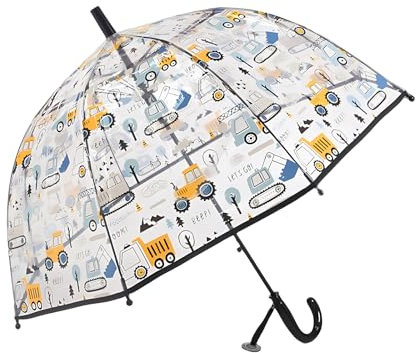 Meichoon Ombrello per bambini modello Bulldozer Trasparente 70cm/27,5 Cupola Facile da impugnare Antivento e Antipioggia Visione chiara con Targhetta Nera