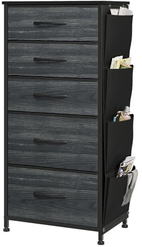 YITAHOME Kommode, 5 Stoffschubladen mit Griffen, Aufbewahrungsschrank, Schubladenschrank, Schrank, Metallgestell, stoffkommode für Schlafzimmer, für Wohnzimmer, Flur, Büro, Schwarze Holzmaserung