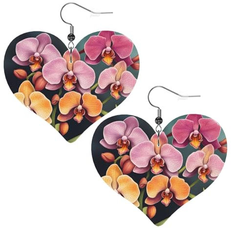 YYHHAOFA Bunte Orchideen-Muster, Leder-Herz-Ohrringe, stilvoll und schön, leicht, baumelnd für Damen und Mädchen, Einheitsgröße, Leder