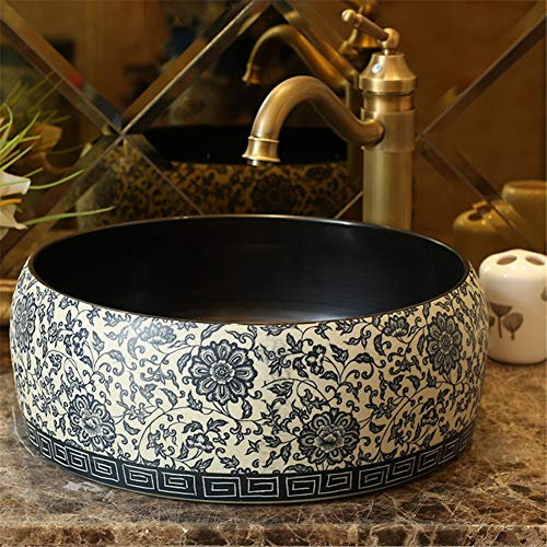 Lavabo De Encimera De Arte Lavabo De Cerámica Retro Patrón Creativo Pintado A Mano Fregadero De Baño Lavabo Antigrietas Redondo De Baja Absorción De Agua De Lujo,C