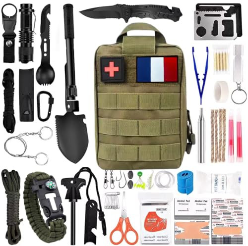Kit de Survie Sac Complet - Trousse de Secours - Mini Pelle Pioche Pliante - Boussole - Paracorde - Couteau Pliant Multifonction - Allume Feu - Lampe Torche (Kaki)