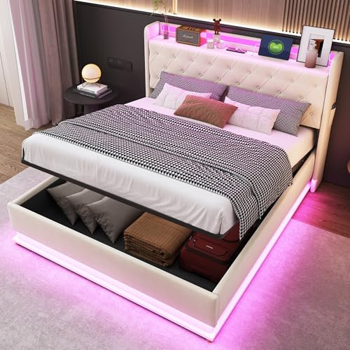 LED-Polsterbett 160X200 cm, Bett mit Großer Stauraum & Lattenrost, Bettgestell Metall Boxspringbett, Polster Kopfteil mit Regal und USB-Ladeanschluss, Hautfreundlicher Leinenstoff (Beige, 160X200 cm)