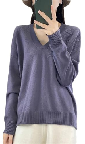 Maglione da donna in cashmere con colletto a V tinta unita allentato pullover in lana lavorata a maglia, Grigio Lilla, XL