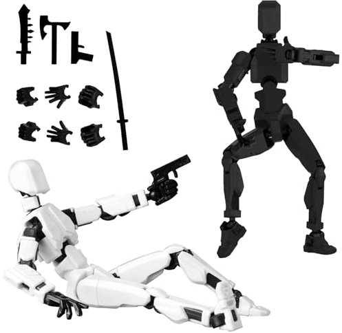 ZoneYan T13 Action Figure, 2 Stück T13 Actionfiguren, 3D Roboter Actionfigur, Beweglichen Figuren mit Mehreren Gelenken, Desktop Dekorationen (Schwarz und Weiß Mit 4 Waffen + 3 Handtypen)