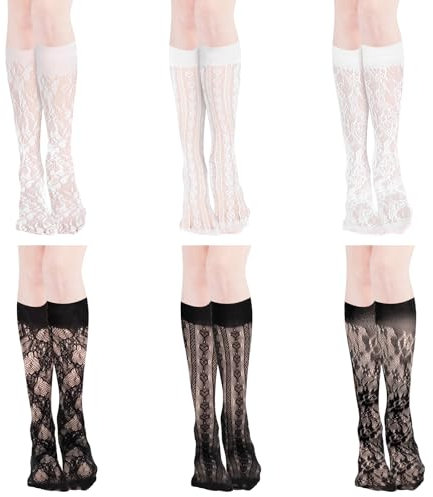 Tyqour 6 Paar Damen Spitze Strümpfe Schwarze Halloween-Strümpfe,Dünne Transparente Spitzenstrümpfe Ausgehöhlte Spitze Knie Strümpfe Ultradünne Sexy Kniestrümpfe,Oktoberfest Socken Damen Schwarz Weiß