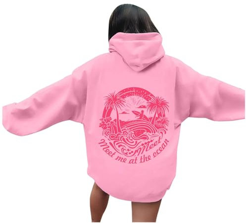 Generisch Hoodie Damen Oversize Sweatshirt Rückendruck Pullover mit Kapuze Langarm Kapuzenpullover Übergangs Hoody Y2K Streetwear für Mädchen Hoodies Rosa College Sweatshirt Pinkpalm (Pink, S)