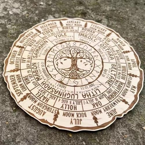 Holzschild Wheel of the Year, Holz-Baumkalender, Schreibtischdekoration, heidnischer Hexenkalender, heidnisches Rad des Jahres, rundes Holzschild für Retro-Wanddekoration (Log)