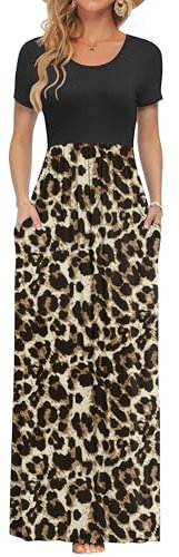 AUSELILY Femmes Maxi Robe Madame Manches Courtes été Casual Longue Robe avec Poches Léopard Noir L