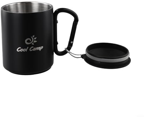 Secure Lid, Non Slip Pad, Stainless Steel Carabiner Mug for Travel and Outdoor Use (300ML)