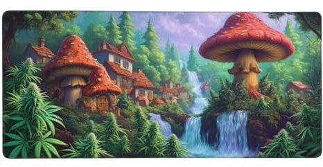 Large Mouse Mat XXL 800x300x3mm, Mushroom Mouse Pad Green Mouse Mats for Desk Protector Mat with Anti-Slip Base, Waterproof Durable Mousemat for Gaming, Office, Home, Stitched Edges Keyboard Mat t1433