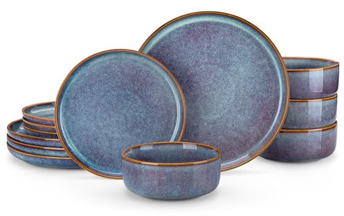 vancasso Playa Crockery Set, 12 Pieces Stoneware Dinner Set for 4, Modern Scratch Resistant Plates and Bowls Sets Dinning Sets for Kitchen, Dishwasher and Microwave Safe, Lavender Blue