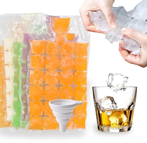 Ice Cube Bags 50-Pack (1200 Cubes) with Silicone Funnel, Self-Sealing Leak-Proof Design, Perfect for Cocktails, BBQs, Parties & Baby Food Storage, Space-Saving Disposable Freezer Bags