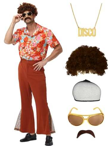 70er Jahre Outfit Herren, 70er Disco Retro Kostüm Hemd und Schlaghosen mit Perücke Sonnenbrille Schnurrbart Halskette Perückenhaar Netz