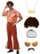 70er Jahre Outfit Herren, 70er Disco Retro Kostüm Hemd und Schlaghosen mit Perücke Sonnenbrille Schnurrbart Halskette Perückenhaar Netz (Orange - A, XXL)