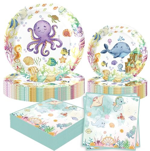 52 Stück Ozean Party Geschirr Set Meerestiermotiv Servietten Becher Unterwasser Partyteller Geburtstagsdekoration Partygeschenke Ozean Meerjungfrau Party Supplies