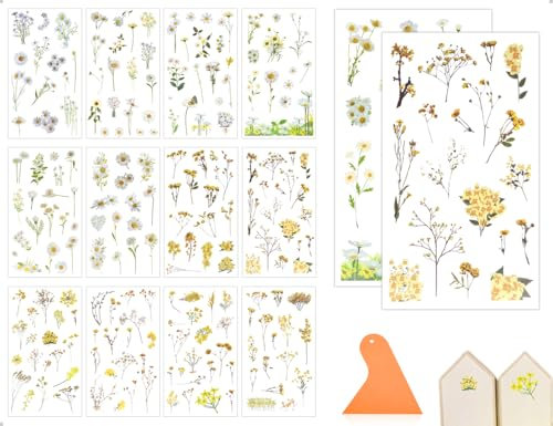 Emezddo 12 Blatt Rub On Sticker,Selbstklebend Transferaufkleber,Frühling Blätter Pflanzen Aufkleber,Blumen Deko,verwendet für Album Scrapbook DIY Basteln Glas Möbel Keramik(Gelb)