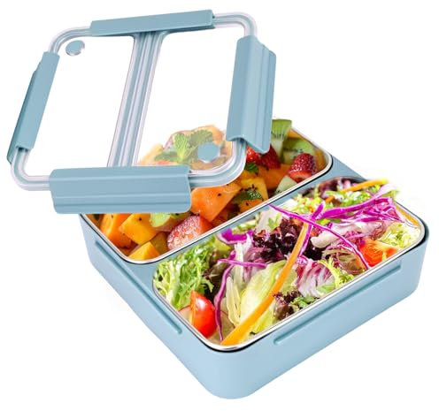1100ml Bento Lunch Box, Leakproof Insulated Bento Box with 2 Stainless Steel Compartments, Portable Meal Prepare Container for Adults Kids Work & School Meals, Microwave Safe (Blue)