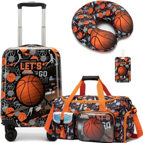 HTgroce Kinderkoffer mit Kinder Duffle Bag, Kindertrolley mit Schwimmtasche Kinder, Nackenkissen & Gepäckanhänger, Kindergepäck mit Rollen, Handgepäck Reisekoffer Hartschalenkoffer für Jungen