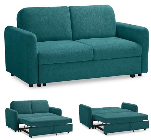EVERGREENWEB Schlafsofa für Doppelbett L165 x T90 x H80 cm, weicher Petroleum-Stoff, Rückenlehne neigbar mit doppeltem Kissen, Sofa mit ausziehbarer Chaiselongue, verstärkte Struktur, faltbar, NELLY