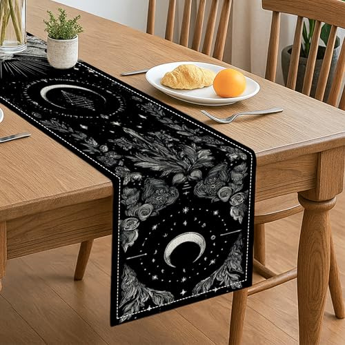 Tischläufer mit Blumenmuster, Vintage, Mond, Schmetterling, Gothic, Küche, Esszimmer, Dekoration für Zuhause, Familienessen, Halloween, Partyzubehör, 33 x 183 cm, Schwarz