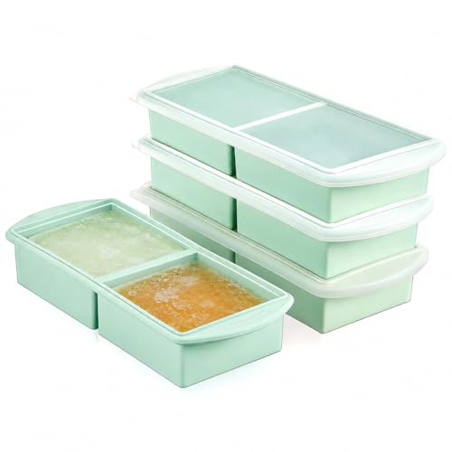 Zjyufy Lot De 4 Moules en Silicone pour Congeler La Soupe avec Couvercles | 2 Compartiments, Empilables, Idéals Pour Soupes, Sauces, Bouillons Et Restes, Faciles À Nettoyer