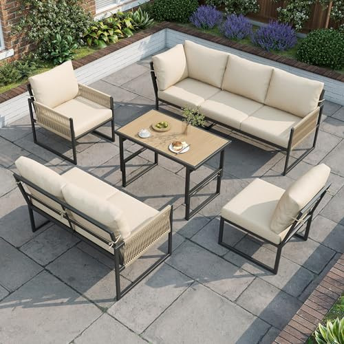 Su & Chan Legence 6-7 Seater Garden Furniture Set, Convertible Garden Corner Sofa Set with Height Adjustable Rising Table, Weatherproof Outdoor Patio Furniture for Various Scenarios, Beige