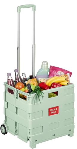 Relaxdays Einkaufstrolley, zusammenklappbar, Salbei | Einkaufskorb mit Rollen, Teleskopgriff, bis 35 kg, Klapptrolley
