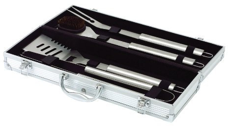 axentia Grillbesteck Set Edelstahl 4-teilig im Koffer - Grillkoffer aus Aluminium - Grillwerkzeug Edelstahl - Barbecue-Set mit Fleischgabel, Grillzange, Komfortwender, Grillbürste