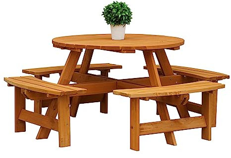 Maribelle 8 Seater Stained Pine Round Wooden Bench/Picnic Table - For Garden, Pub, Patio
