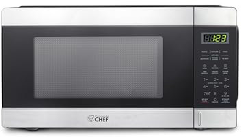 Commercial CHEF Microondas de encimera, 1.1 pies cúbicos, negro con borde de acero inoxidable