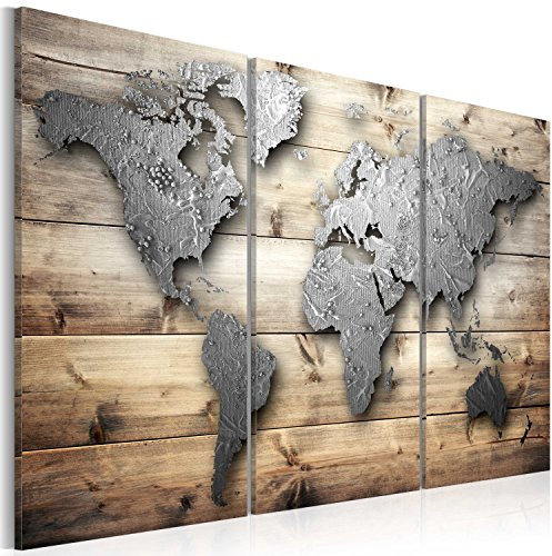 B&D XXL Weltkarte Pinnwand & Vlies Leinwand Bild 120x80 cm XXL Bilder mit Kork Rückwand 3 Teilig Kunstdruck Korktafel Korkwand Memoboard Pinboard Wandbilder Karte Holz Textur
