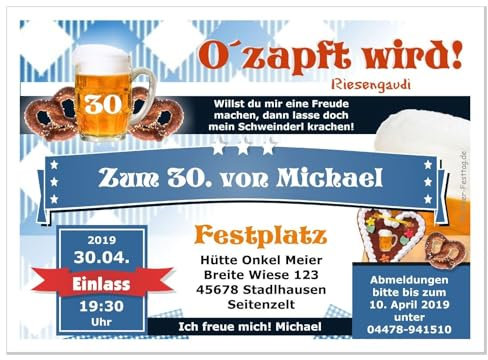 Lustige, Witzige bayrische Einladungskarten für runden Geburtstag - kostenloser Eindruck Ihres Textes, 70 Stück, Größe 17 x 12 cm