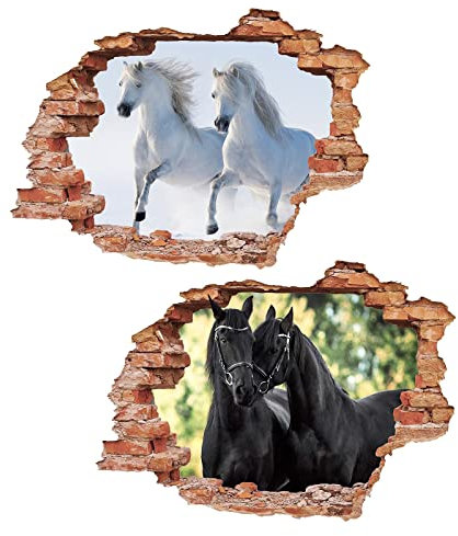 2Pcs Pferd Horse Schwarz Weiss Wandtattoo 3D Effekt XXL Wanddurchbruch Fenster Wandaufkleber für Junge Mädchen Kinderzimmer Groß 1000mmx580mm V06