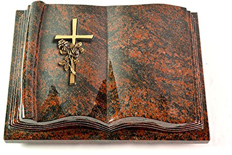 MEMORUM Grabmale Grabbuch, Grabplatte, Grabstein, Grabkissen, Urnengrabstein, Liegegrabstein Modell Antique 40 x 30 x 8-9 cm Aruba-Granit, poliert inkl. Gravur (Bronze-Ornament Kreuz/Rose)