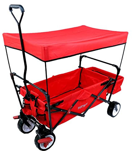 FUXTEC Bollerwagen faltbar FX-CT350 Rot mit Dach – Transportwagen klappbar | inkl. Hecktasche & Transporthülle| Feststellbremse | Vollprofilreifen | Handwagen/Leiterwagen – Das Original