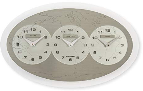 INCANTESIMO Wanduhr, TRE Ore Nel Mondo (Tokyo/New York/Paris), klares Glas mit hoher Dichte, Weiß/Grau/Silber, 45 x 28 x 3 cm