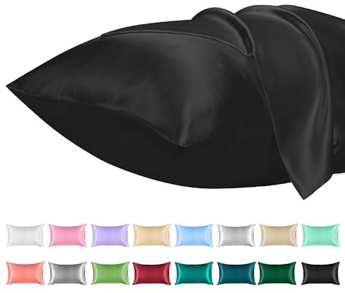 Lirex 2er Set Satin Kissenbezug 50x75cm, kissenbezüge, Weich wie Seiden Kissenbezug, Satin Kopfkissenbezug Kissenhülle für Haar und Haut kommt,Oeko-TEX Zertifiziert, Schwarz