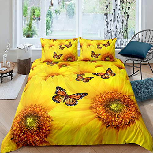 Loussiesd Kinder Bettwäsche Set Blume Gelb Bettbezug Set für Jugendliche Mädchen Sonnenblumen Schmetterling Microfaser Betten Set inkl.1 Bettbezug 135x200 cm und 1 Kissenbezüge 80x80 cm