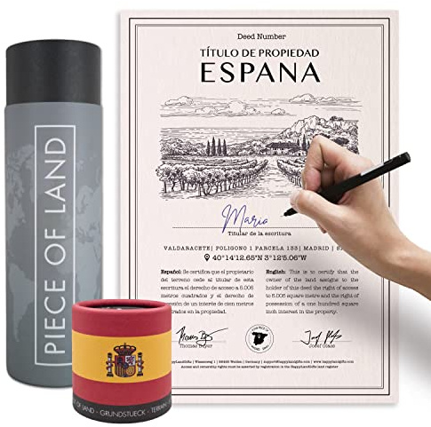 happylandgifts® Echtes Spanien Grundstück als einzigartiges Geschenk für Espagna Fans | Besitzurkunde mit Wunschname zum selber eintragen | Spanien Geschenke | Madrid