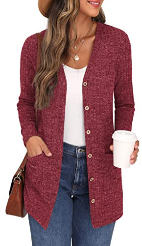 GRECERELLE Womens Cardigan Long Sleeve Open Front Cardigans Button Down V Neck Ribbed Knit Lightweight Outerwear with Pocket (Red, XL)