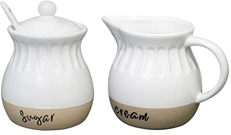 Karisky Sugar and Creamer Set, Ceramic Cream Pitcher, Sugar Bowl with Lid and Spoon, Farmhouse Coffee Severing Set