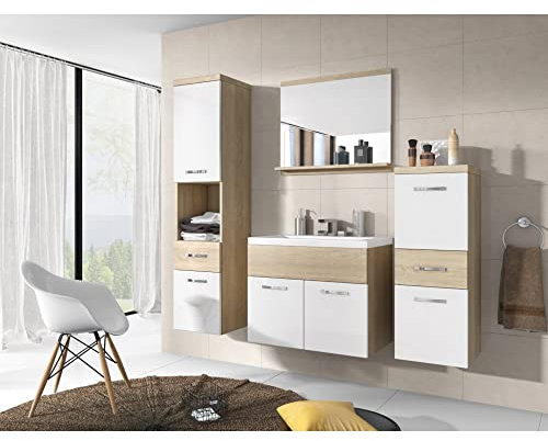 MINIO go for it - 4-Teilig Badmöbel Set Alo, 1x Badezimmer Spiegel mit Ablage, 1x Waschtisch Mit Unterschrank, 2X Badezimmerschrank - Laminierte Spannplatte, Sonoma Eiche und Weiß Hochglanz